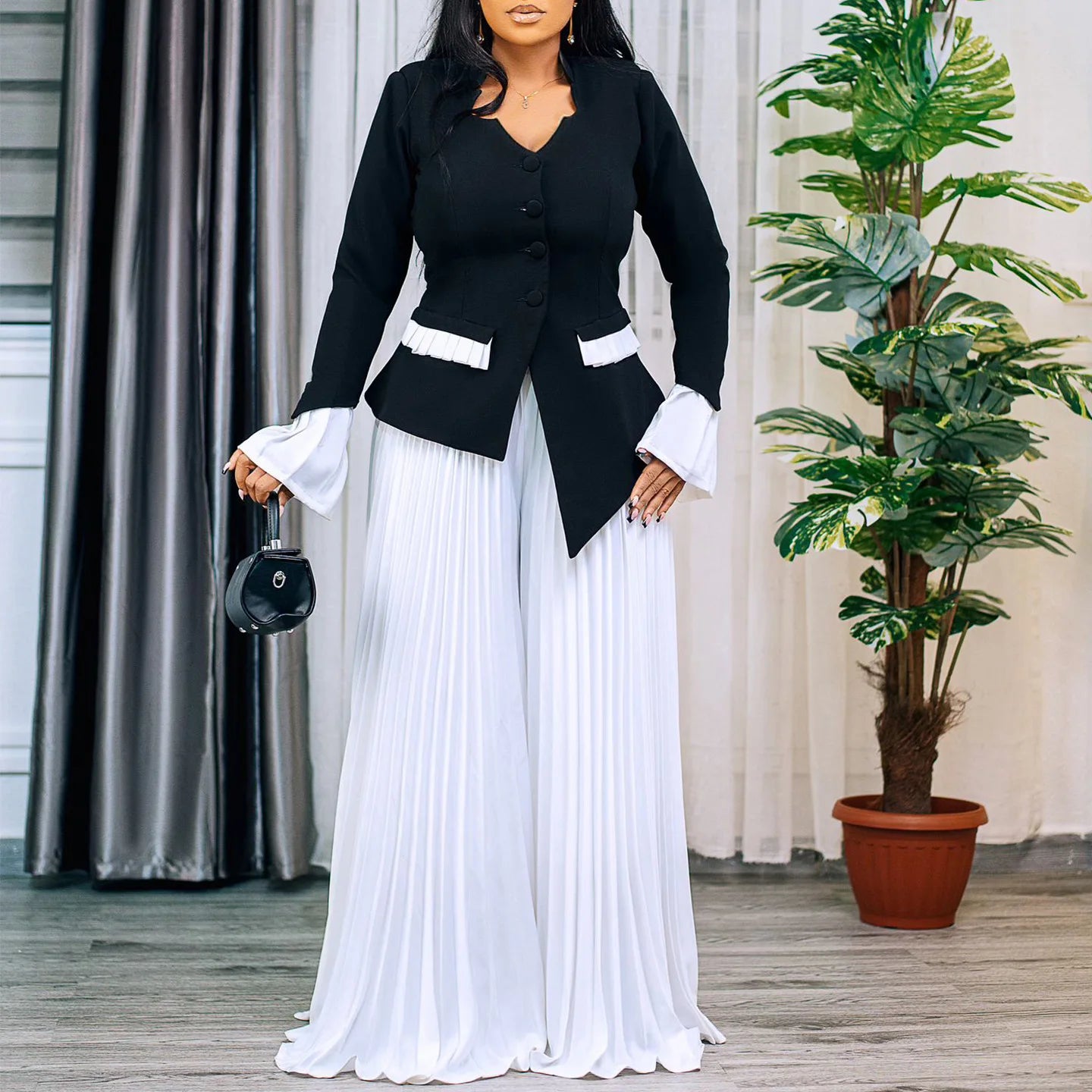 CM.YAYA Women's Set Full Flare Sleeve Button Blazer Shirt + Pleated Long Pants Suit Streetwear Two 2 Piece Set Africa OL Outfits