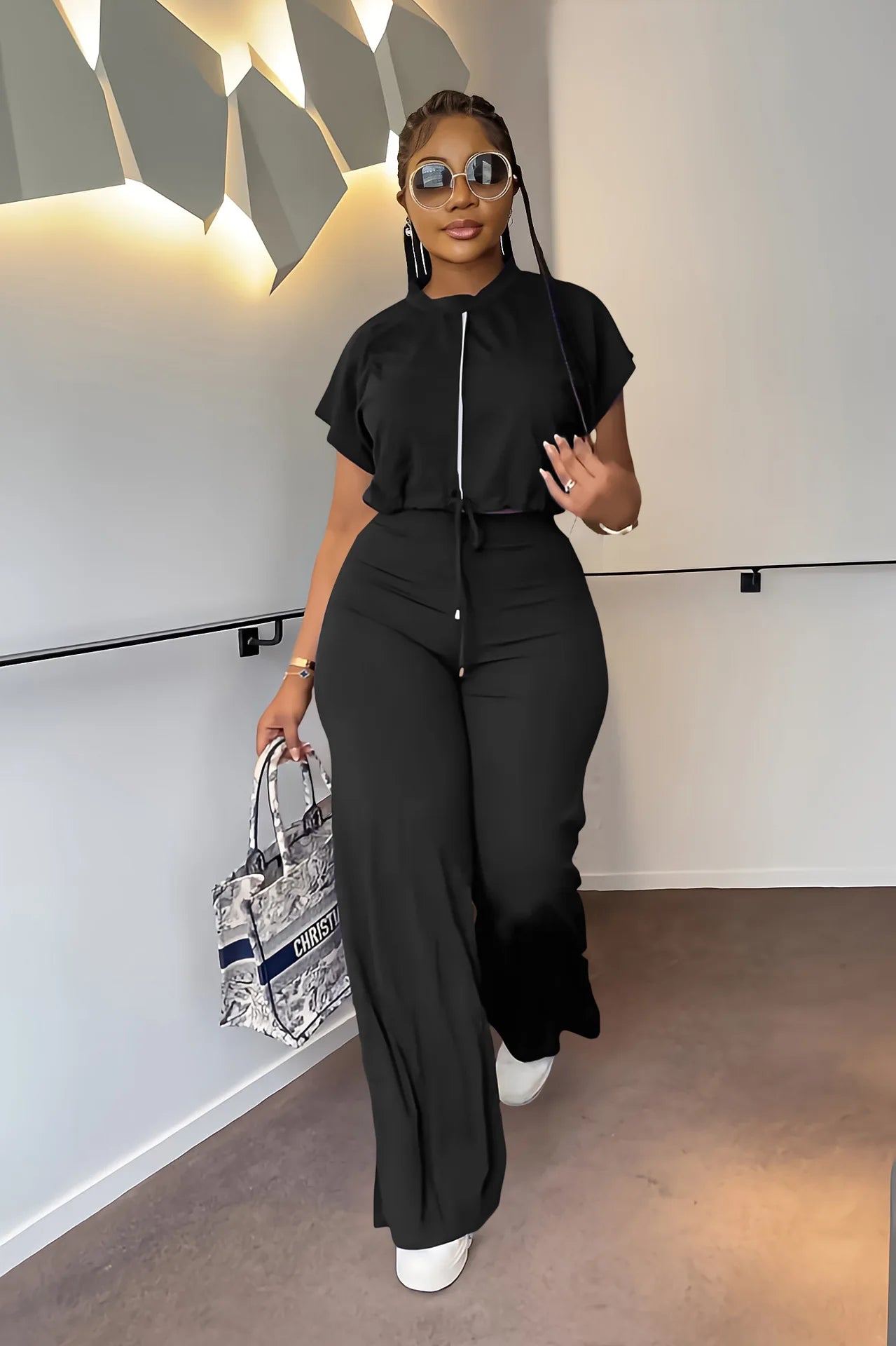 Women Casual Round Neck Drawstring Short Sleeve Top & High Waist Pants Set Summer Solid Two Piece Suit Sets Outfits Set Female