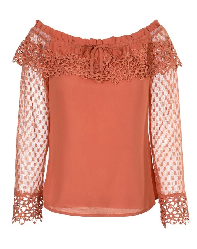 Elegant Women's blouses Fashion 2024 Lace Spliced Off Shoulder Guipure Lace Long Sleeve Tassel Drawstring Top