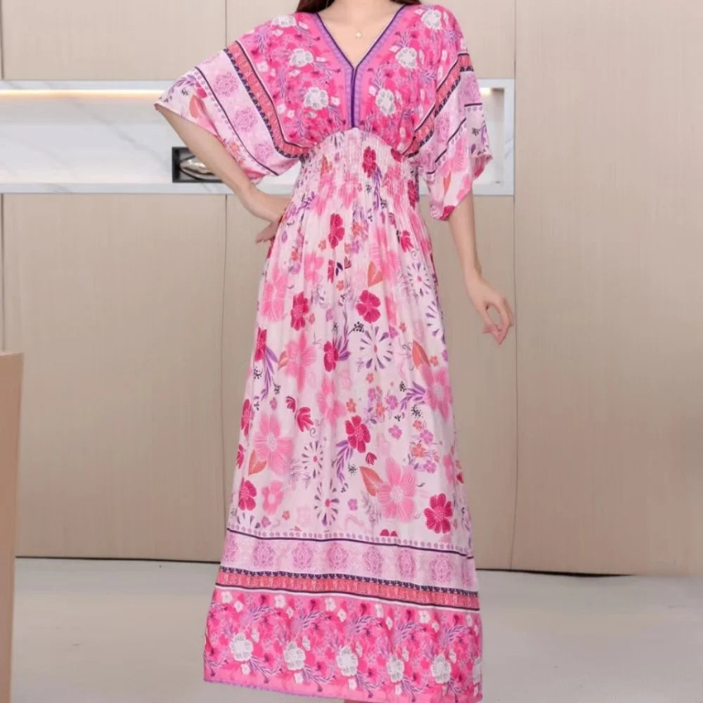 Spring New In Women's Dress V-Neck Short Sleeve Dress Elegant Sweet Print Dress Casual Retro Boho Elastic Waist A-Line Dress