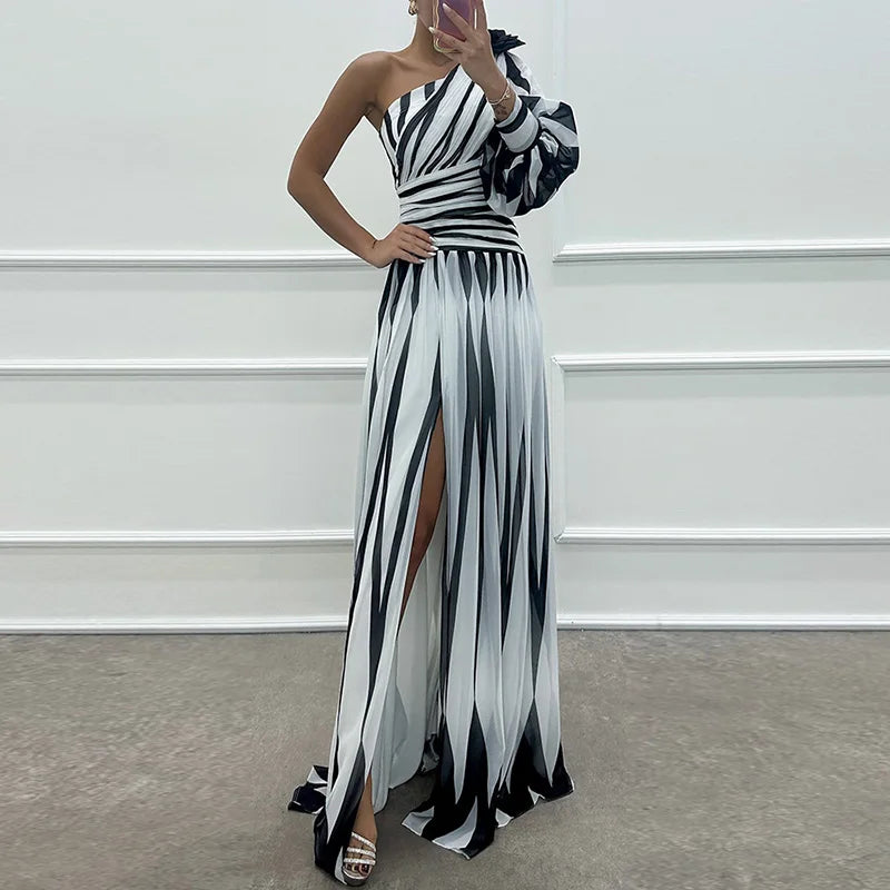 Spring Summer One Off Shoulder Fashion Party Dress, Women Printing Skew Collar Slim Maxi Dress, Long Sleeve Elegant Ladies Dress