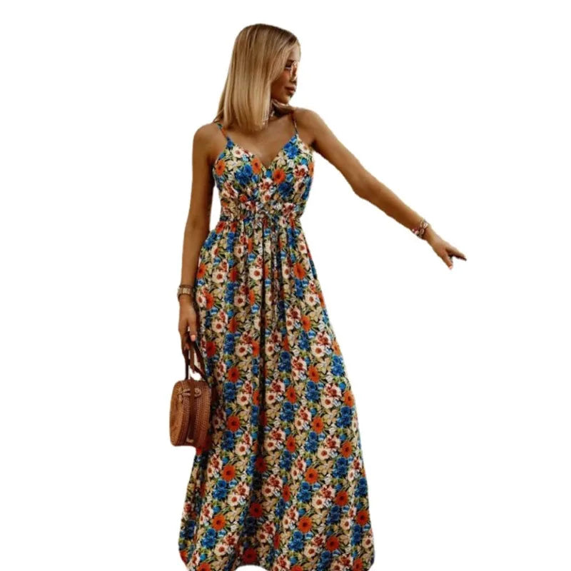 Spring Summer Elegant Women Corset Bohemian Dress Sexy New 2024 Fashion Strap V Neck High Waist Print Long Vacation Dress