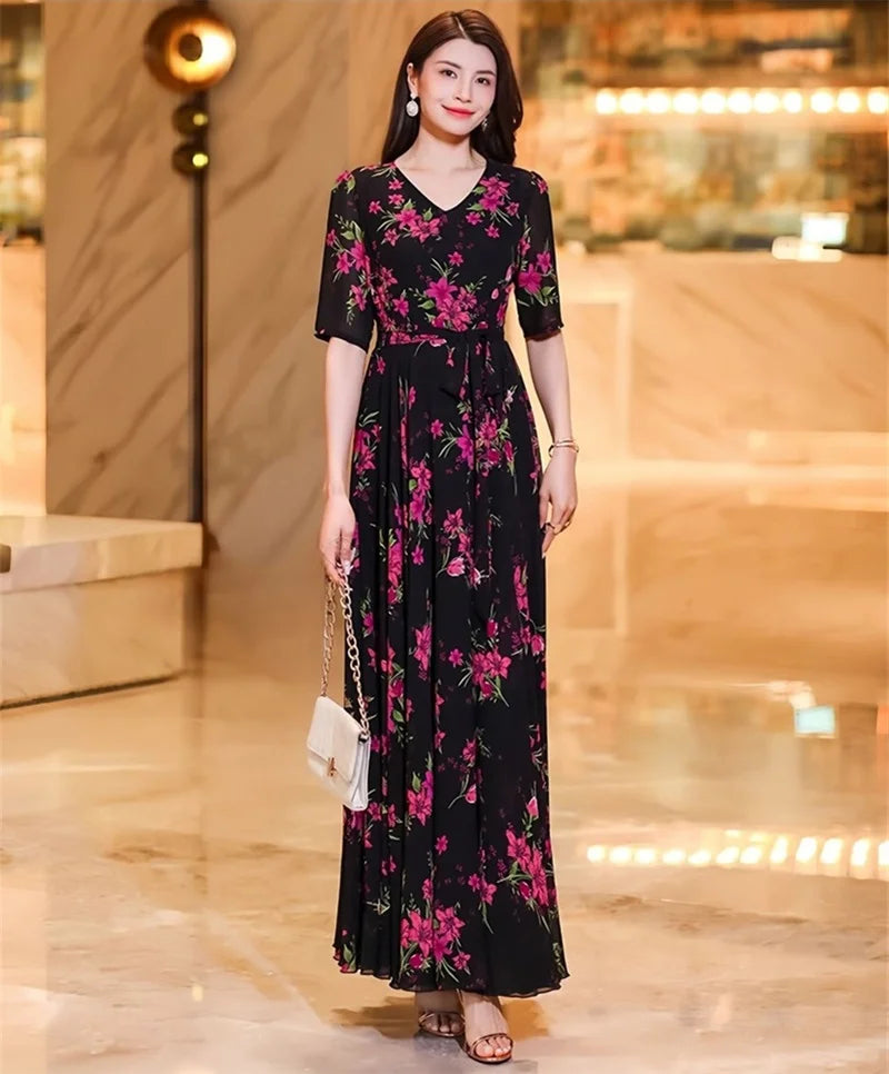 Womens Dresses Fashion Summer Dresses 2024 Summer Senior red Print Dress Long Loose Temperament Waist Loose Big Swing Dress