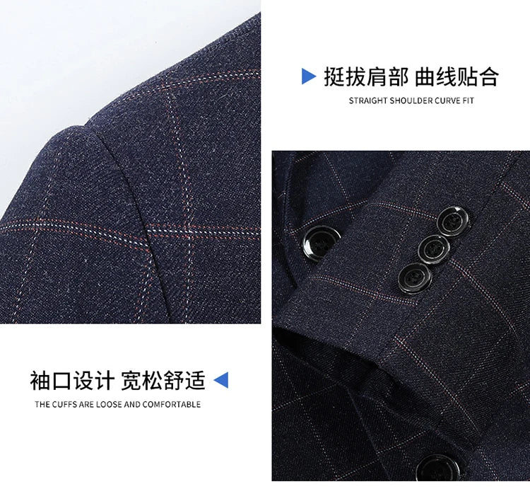 2024 New Spring and Autumn Coat Middle-aged Slim Fashion Handsome All Matching Plaid Suit Men Casual Polyester Blazer Mujer
