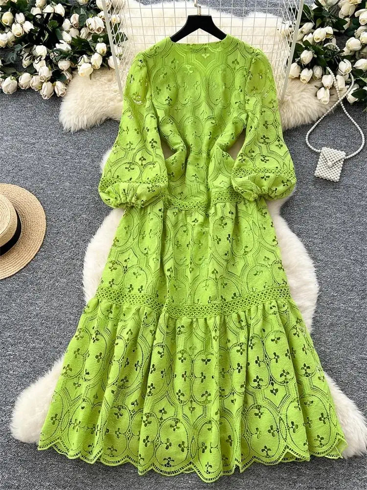 Spring French Vacation Fashion Dress Women Buttons Hook Flower Hollow Out Design 2025 High Quality Lace Ruffles Long Dress