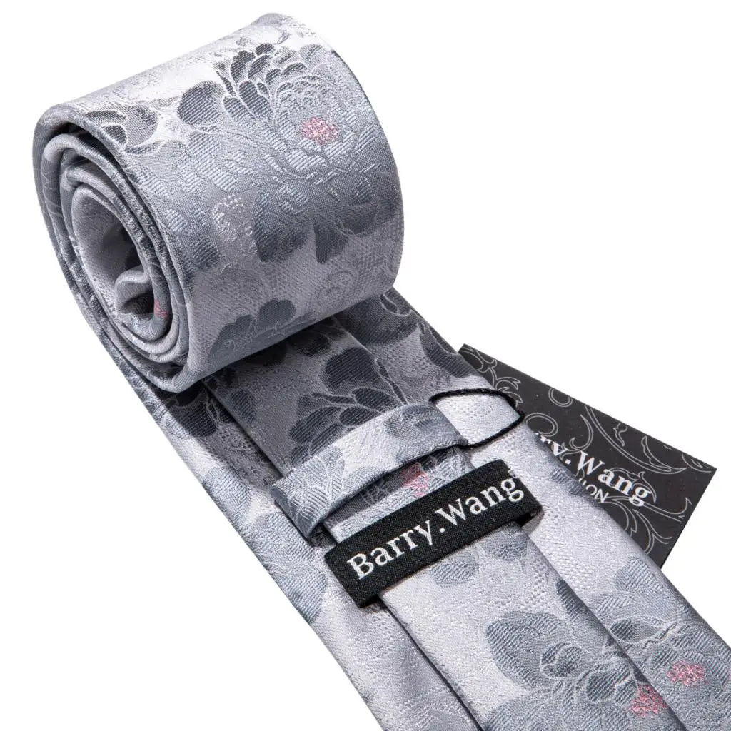 Barry.Wang Black White Gray Silver Silk Men Tie Handkerchief Cufflinks Set Jacquard Necktie for Male Wedding Business Party Gift