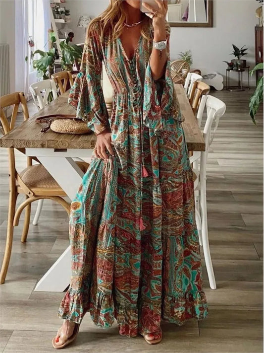 Spring Autumn Fashion Women's Dress Bohemian Style Retro Printed V-neck High Waist Bell Sleeve  Loose Casual Floral Long Dress