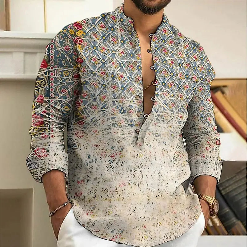Men's Spring and Autumn New Product Pop Art Graffiti Printed Long Sleeve Shirt Casual Fashion Style Suitable for Street Wearing