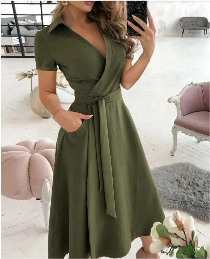 Women's New Short Sleeve Dress Spring Summer Fashion V-neck Printed Bag Hip Dress for Women Temperament Personality Wear