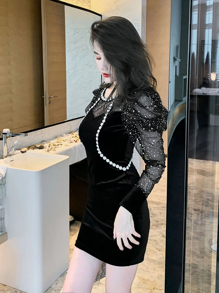 Spring Women Mini Dress French Court Retro Black Mesh Patcchwork Appliques Flower Puff Long Sleeve Bag Hip Vestidos Para Mujer