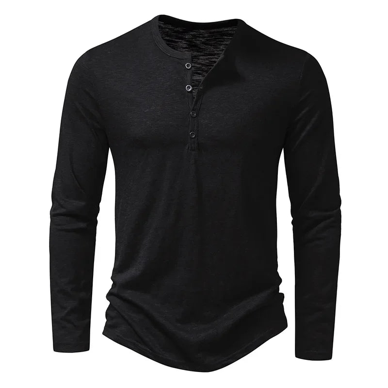 Autumn New Men's Cotton Button Long Sleeve Henley Neck T-Shirt Casual Solid Color Breathable Versatile Fashion Slim T-Shirts