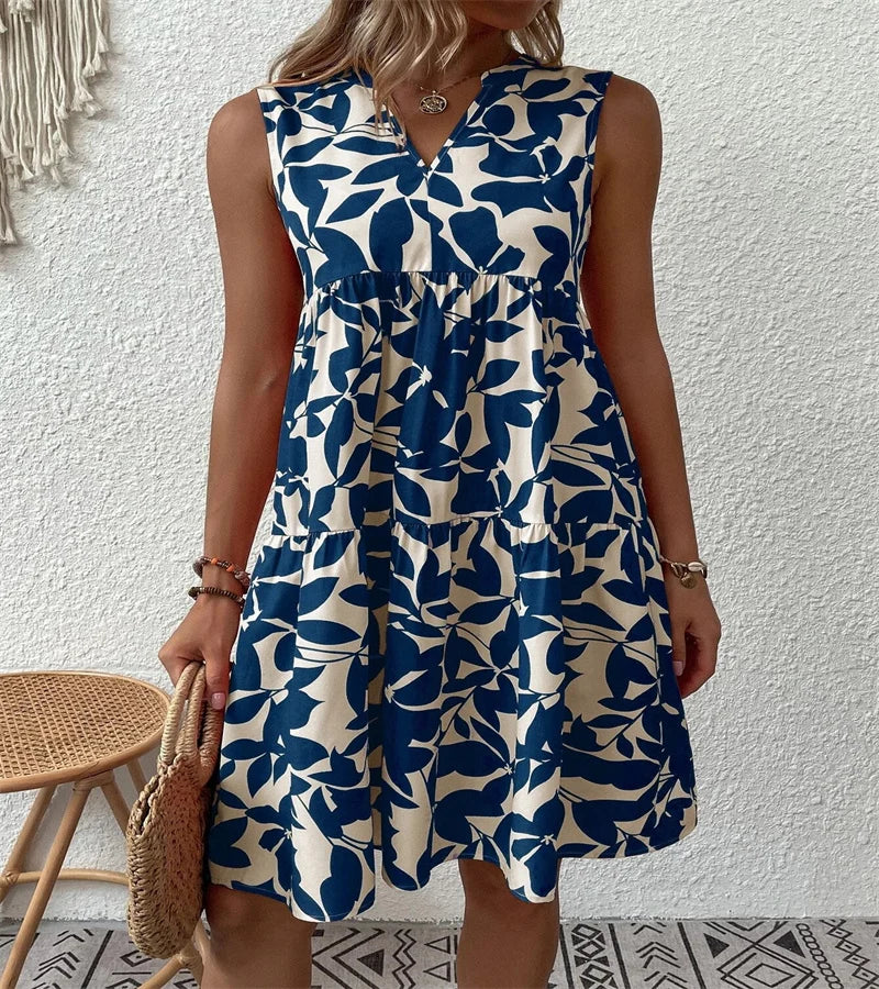 Spring and summer 2024 European and n Ladies Elegant Dress Bohemian fashion loose V-neck ruffle print dress