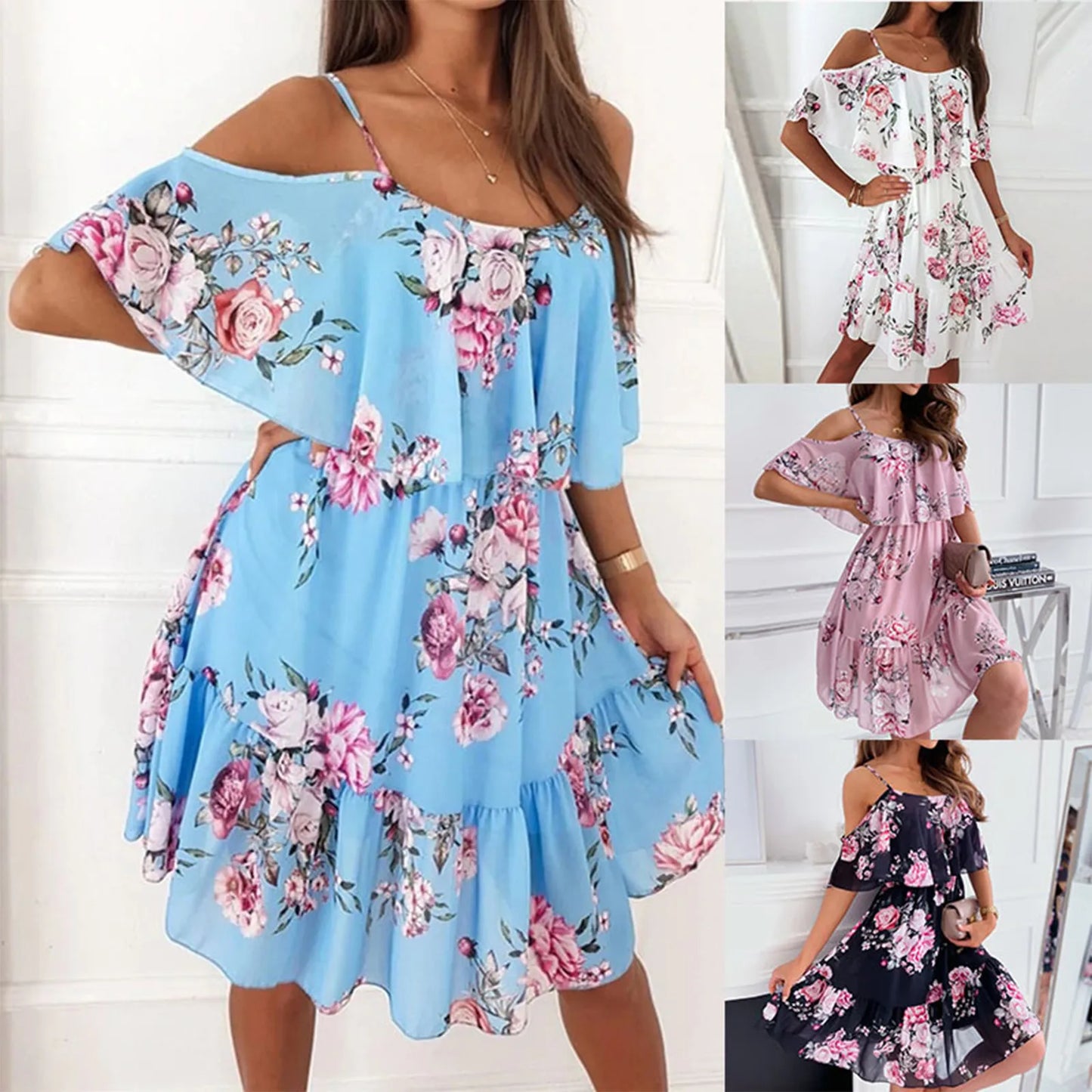 Women'S Spring/Summer New 2024 European And American Chiffon Printing Sexy Off Shoulder Strap Large Swing Ruffle Edge Dress
