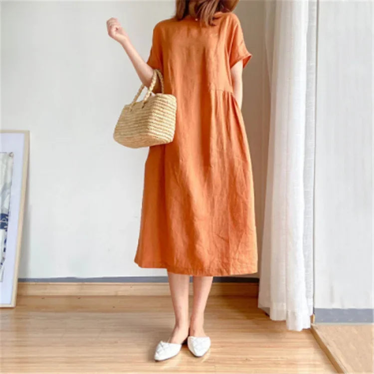 New in Spring Summer Women's Dress Elegant Casual Loose Short Sleeve Tops A-LINE Oversize Solid Midi Dresses for Women Clothing
