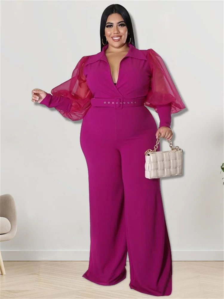 Wmstar Jumpsuit Plus Size Women Clothes V Neck with Belt Single Mesh Sleeve Elegant Bodysuit Office Lady