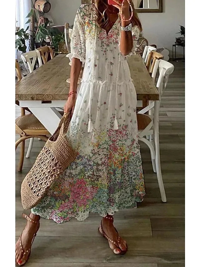 New Women's Spring Summer Dress Sexy V-neck Drawstring Printed Long-sleeved Dress Casual Loose Fashion Elegant Fresh Sweet Dress