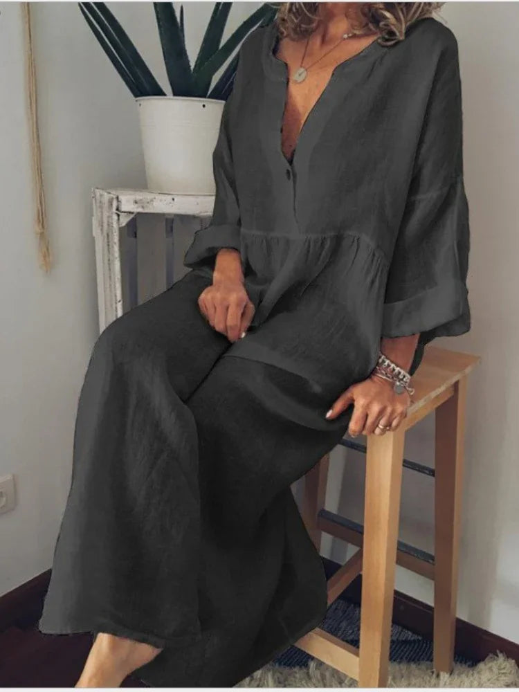 New in Spring Elegant Long Dresses for Women Long Sleeved V-neck Fashion Summer Dresses 2024 Loose Retro Female Clothing Robe