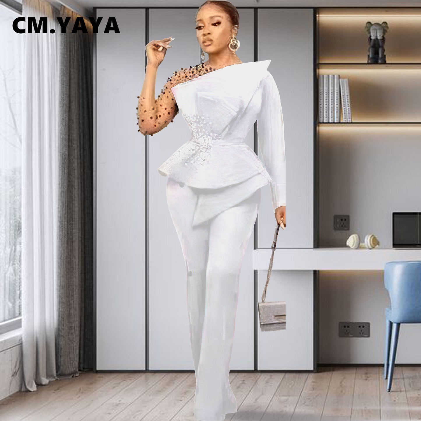 CM.YAYA Vintage Women Beading Mesh Patchwork Ruffles Fan-shaped Blazer Tops and Pants Suit Two 2 Piece Set Outfits Tracksuit