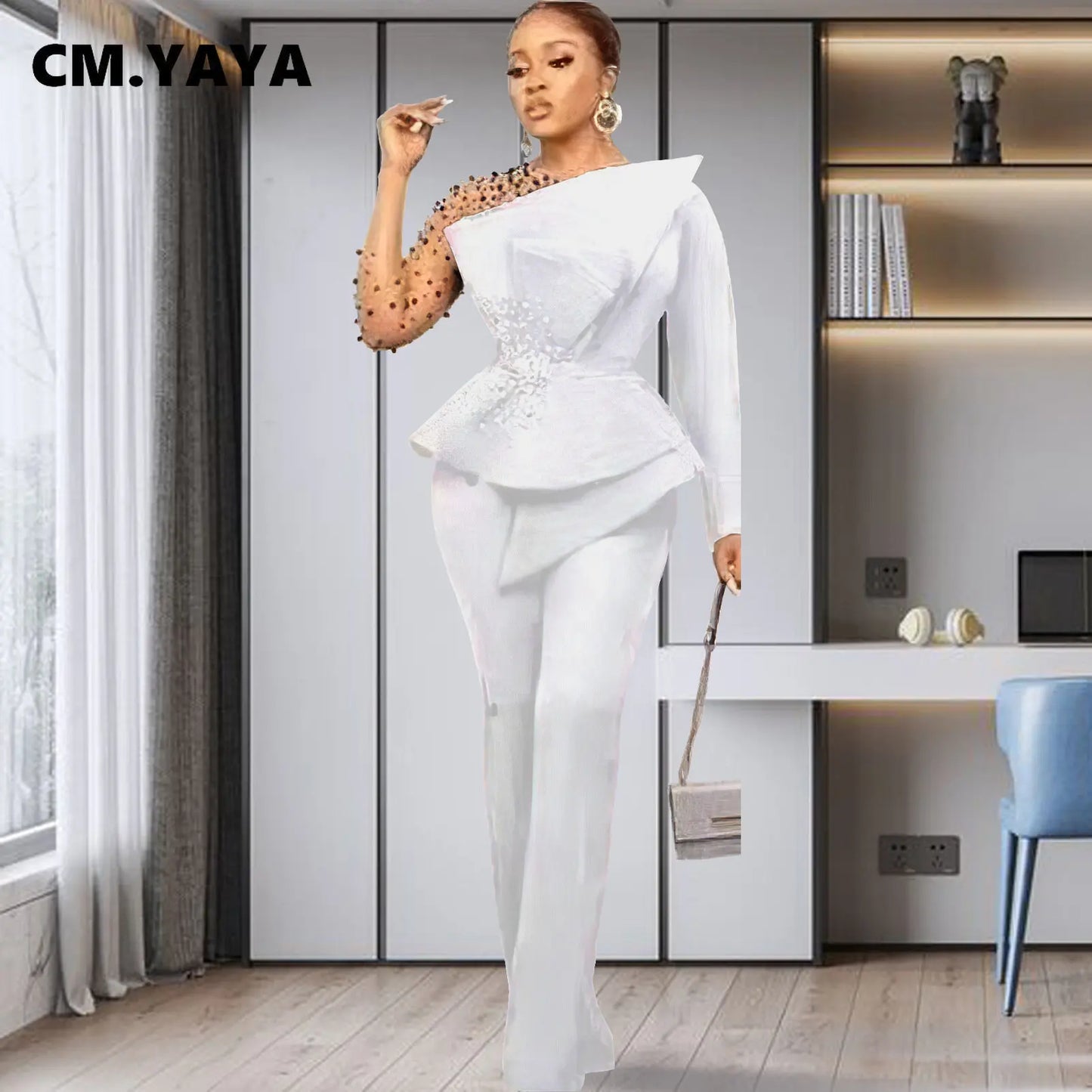 CM.YAYA Vintage Women Beading Mesh Patchwork Ruffles Fan-shaped Blazer Tops and Pants Suit Two 2 Piece Set Outfits Tracksuit
