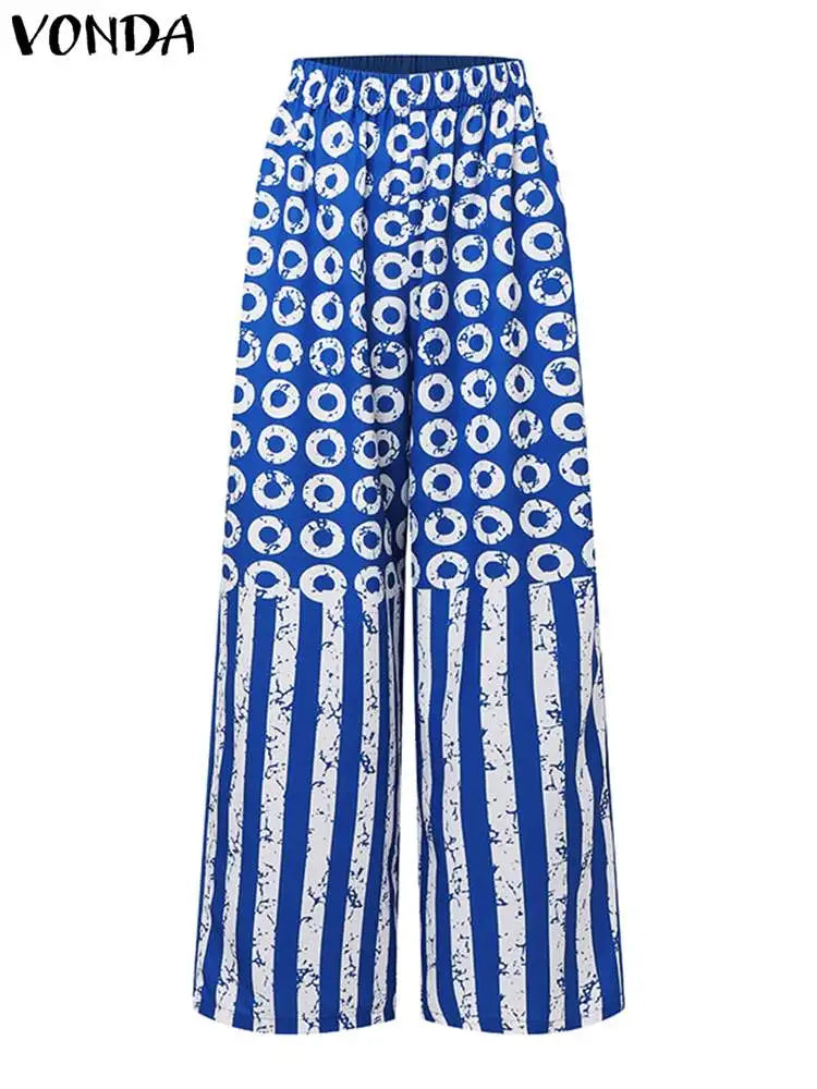 Plus Size 5XL VONDA Women Matching Sets 2024 Fashion Long Sleeve Suits Polka Dot Striped Shirts And Elastic Waist Pant Sets