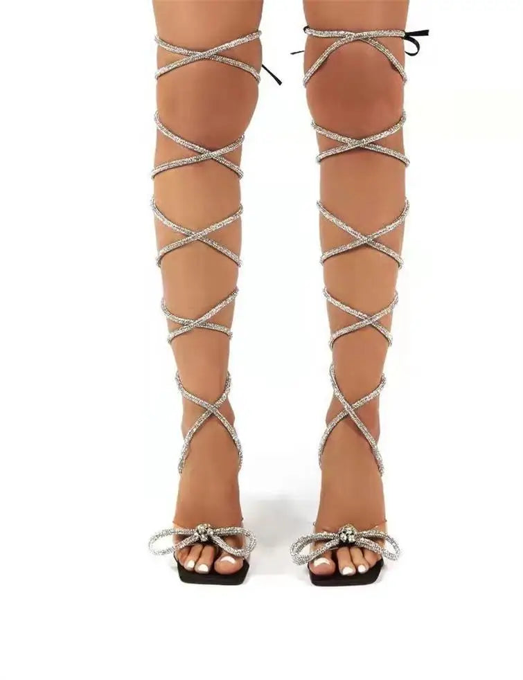 Comemore Female Summer Clear Heel Sandal Women Crystal Party Peep Toe Lace Up Heels Shoes 2023 Rhinestone High-heeled Sandals 43