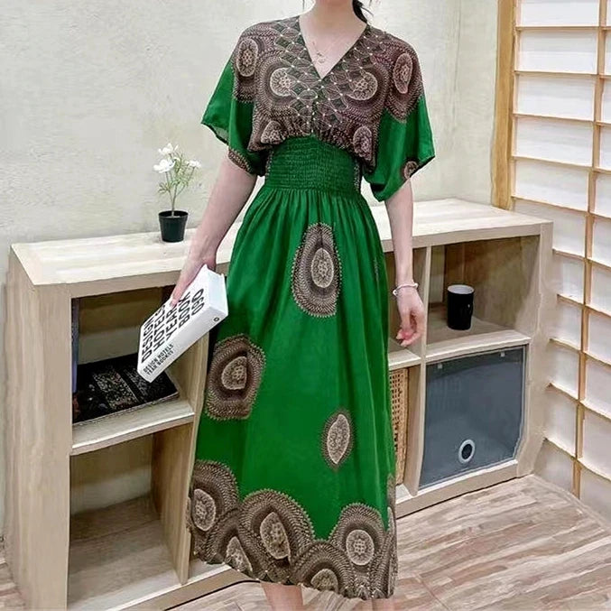 Spring New In Women's Dress V-Neck Short Sleeve Dress Elegant Sweet Print Dress Casual Retro Boho Elastic Waist A-Line Dress