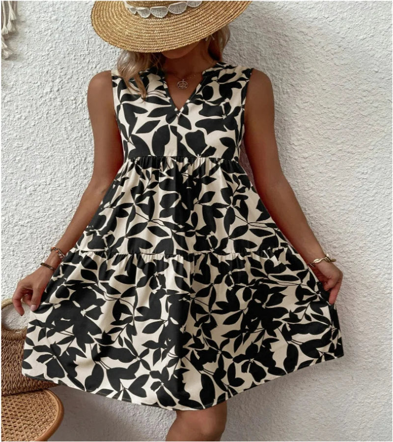 Spring and summer 2024 European and n Ladies Elegant Dress Bohemian fashion loose V-neck ruffle print dress