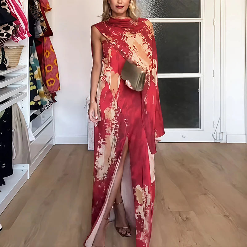 Spring Elegant Print Shawl Collar Holidays Dress Women Sexy Strapless Split Long Dress Summer Sleeveless Slim Party Maxi Dresses