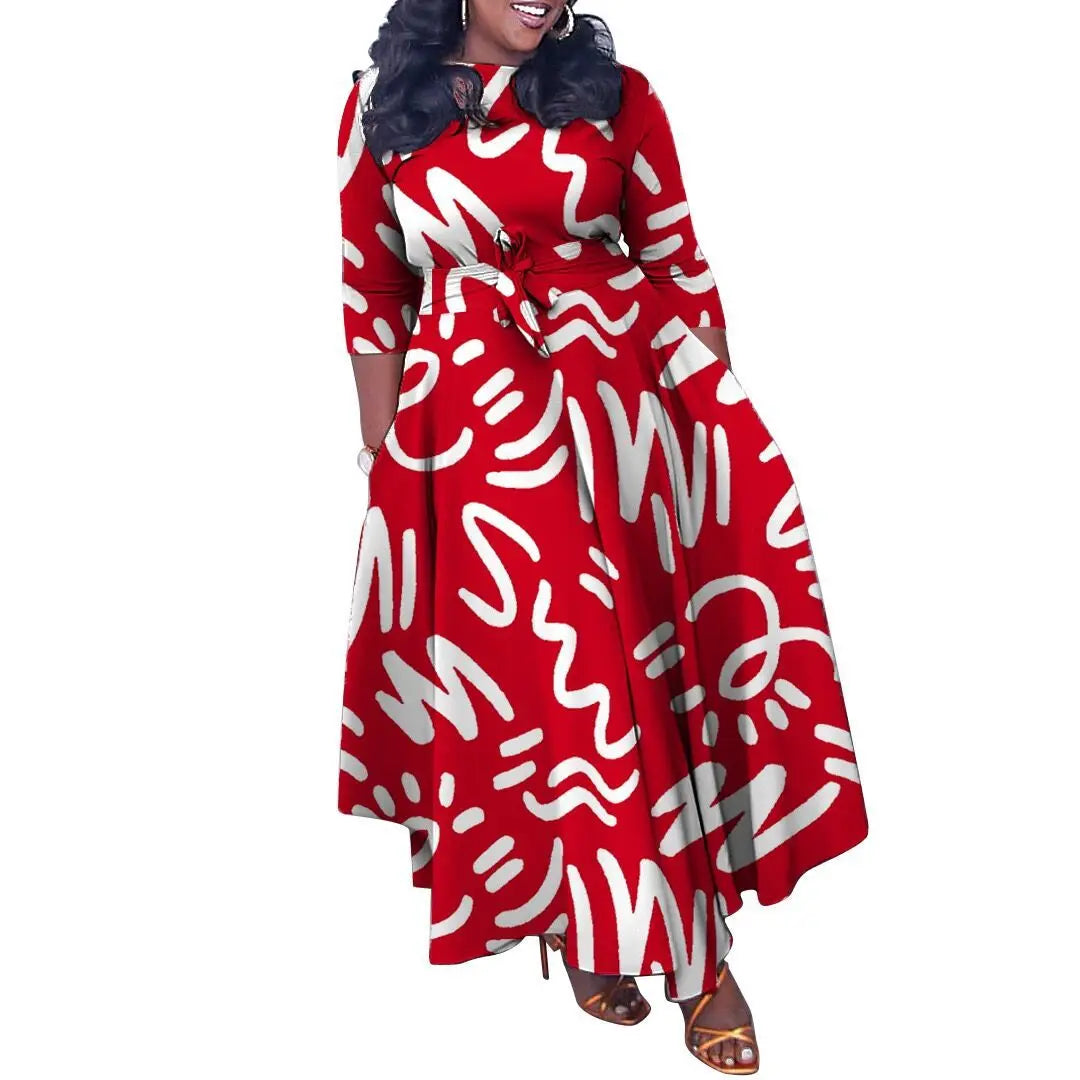 Women's 2024 Autumn New Style Fashionable Elegant Temperament Fashionable Printed Strap Waist Large Skirt Large Size Dress
