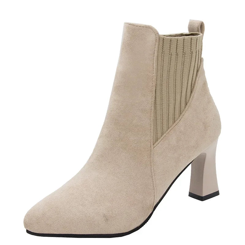 Ankle Boots Women 2024 Autumn Pointed Toe Knitted Warm Elastic Women's Shoes Casual High Heels Platform Boots Botas De Mujer