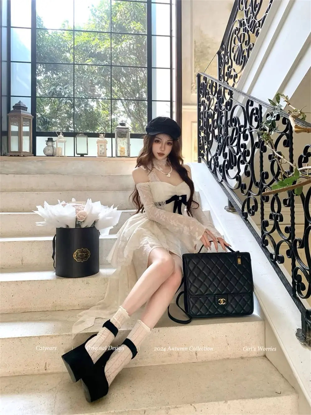 Spring Elegant Women Dress Vintage Style Long Sleeve Bow Detail Slim Fit Flared Hem Comfortable Party Dress Casual Dress 2025