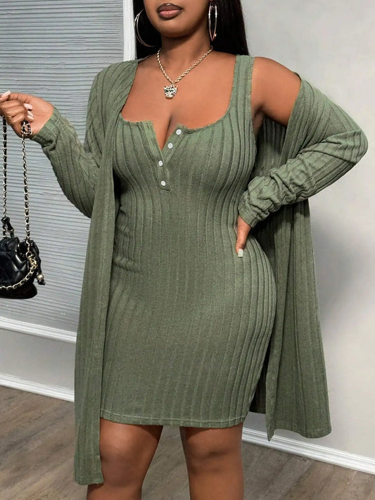 Plus Size Ribbed Elegant Two Piece Set Dress Women Solid Mini Dress Female Casual Long Coat 2024 Autumn Large Size Matching Set