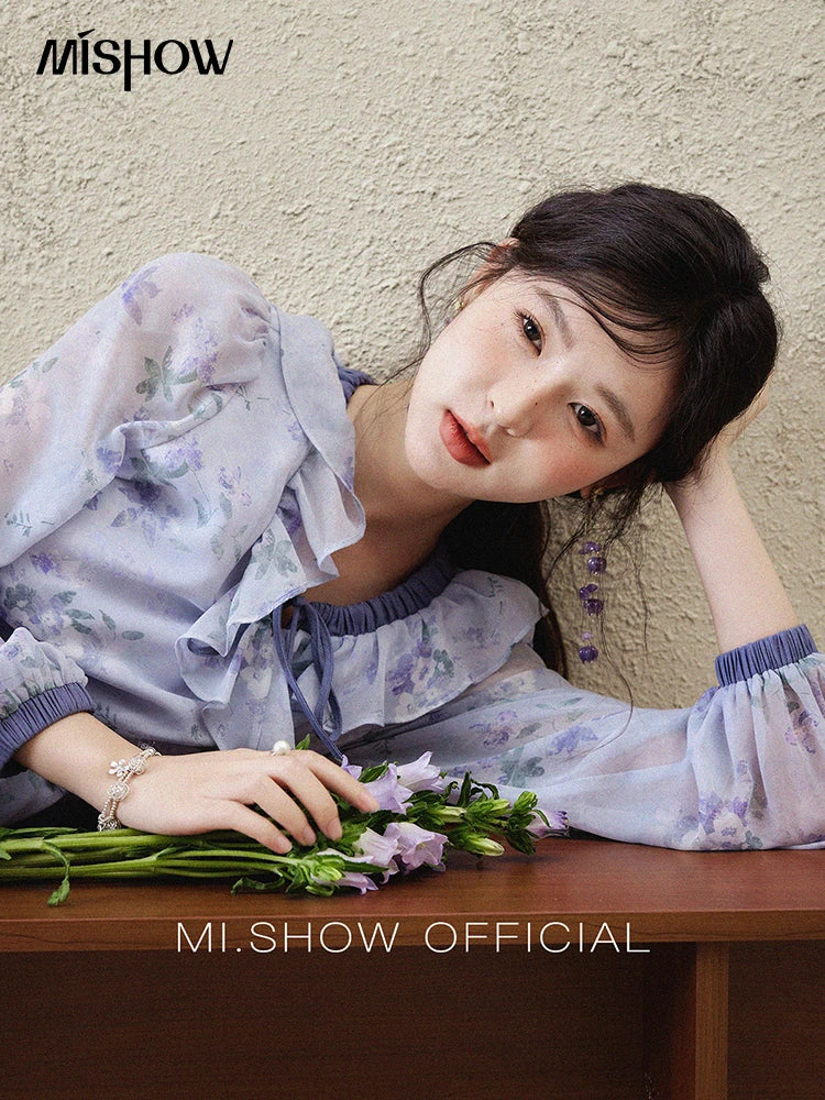 MISHOW Print Spring Summer Dress for Women New 2025 Ruffled V-neck Long Sleeve Blue French Dresses Female Fashion MXE15L2139
