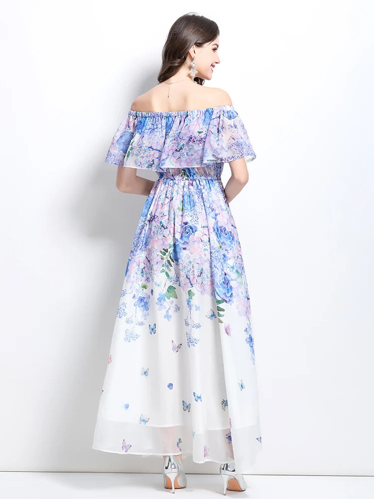 Summer French Floral Chiffon Dress Women Off Shoulder Slim High Quality Sheer Elastic Spring Vacation Print Ruffles Long Dresses