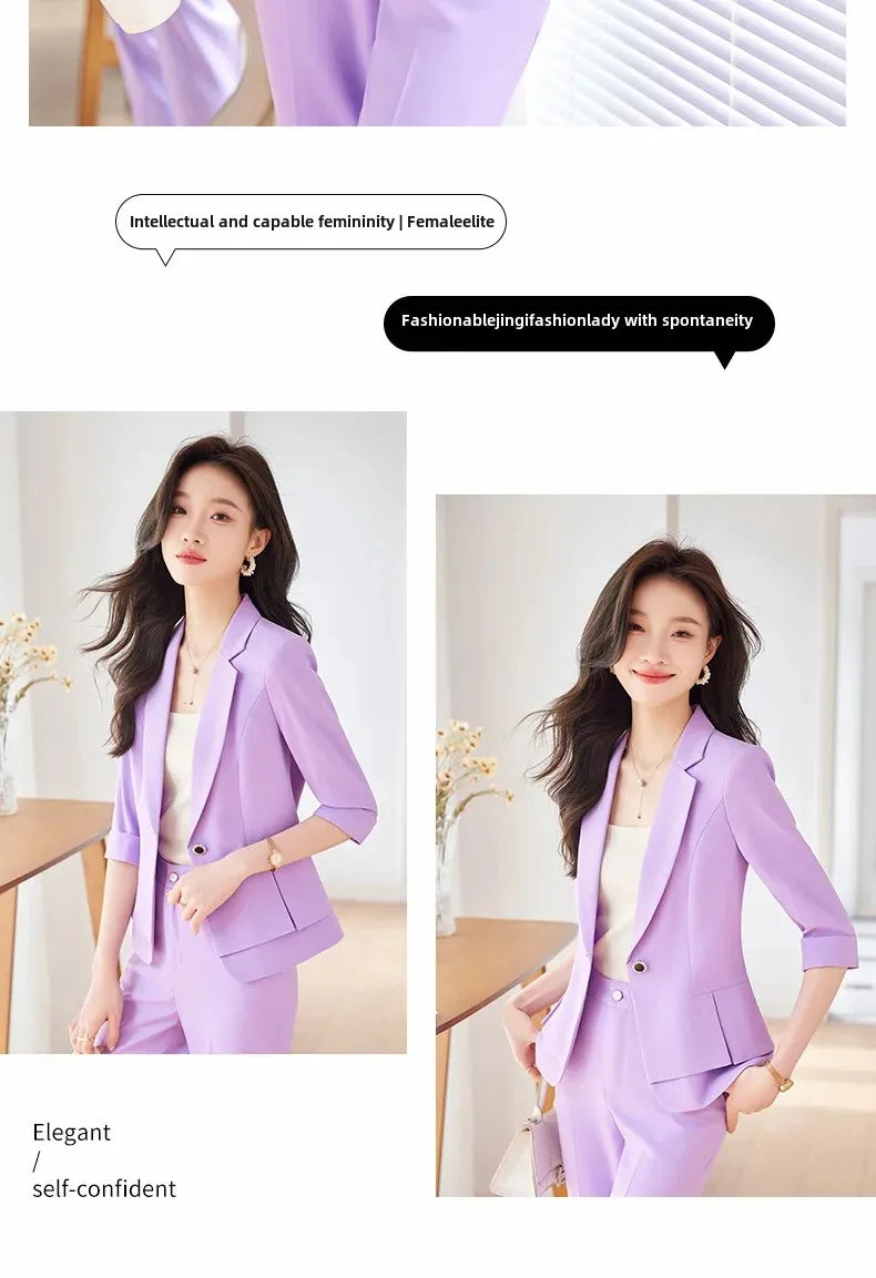 2024 Summer New Women's Petite Casual Seven-Half Sleeve Professional Workwear Purple Thin Suit Jacket Pants Set