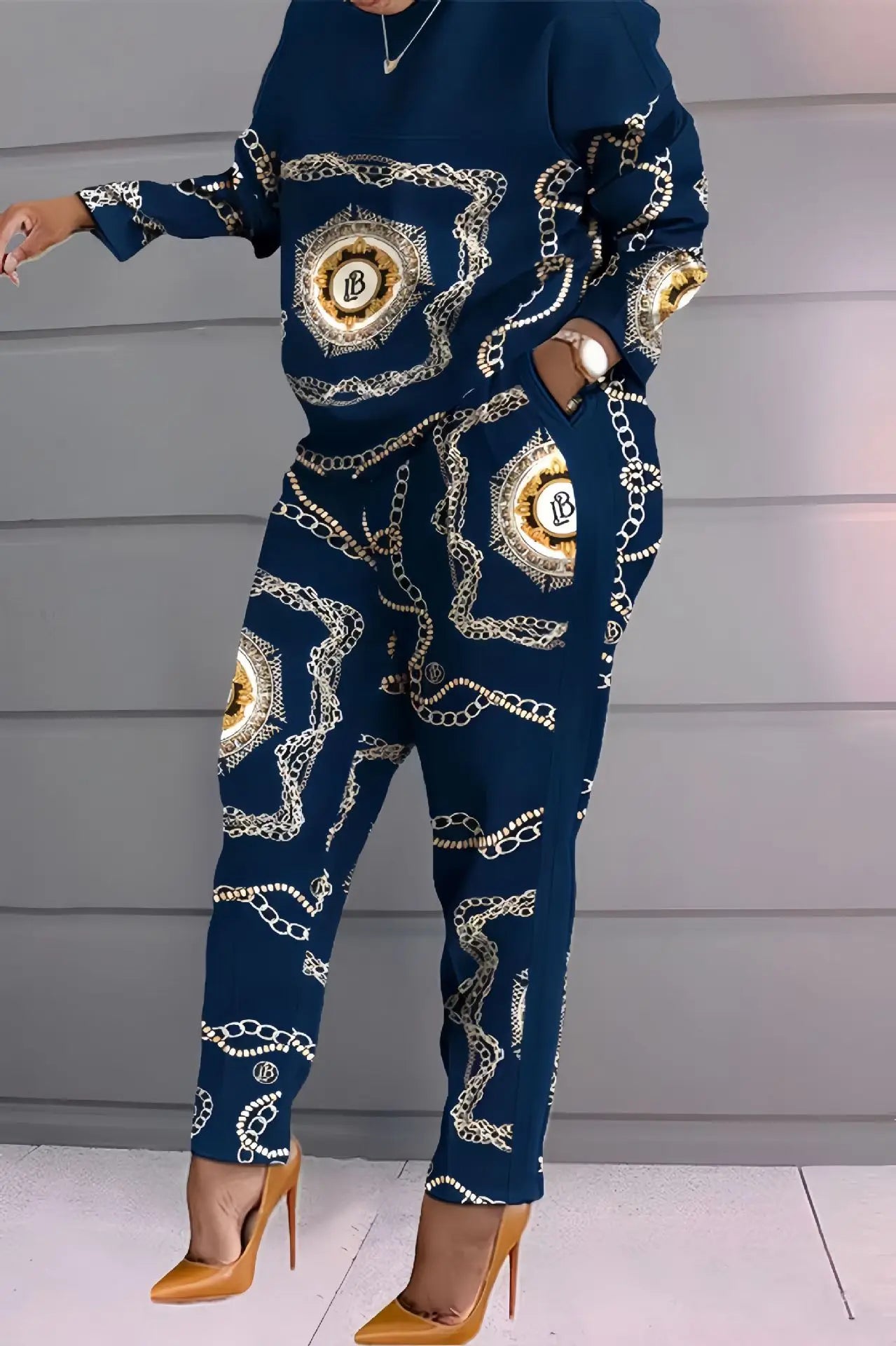 Women Print Two Piece Pant Sets Full Sleeve T Shirts Round Neck Splice Shirt High Waist Trousers Suits Autumn Office Lady