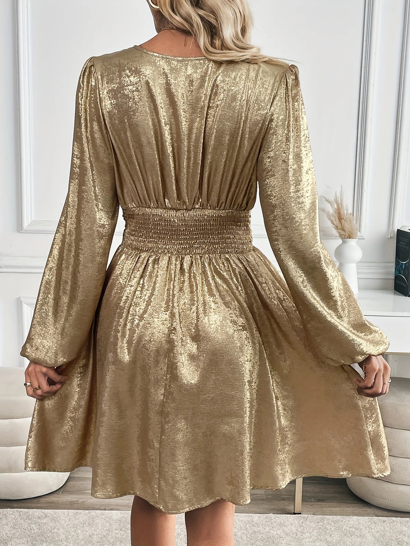 Spring Autumn Elegant Women Gold A Line Dress Casual Party Luxury V Neck Dresses