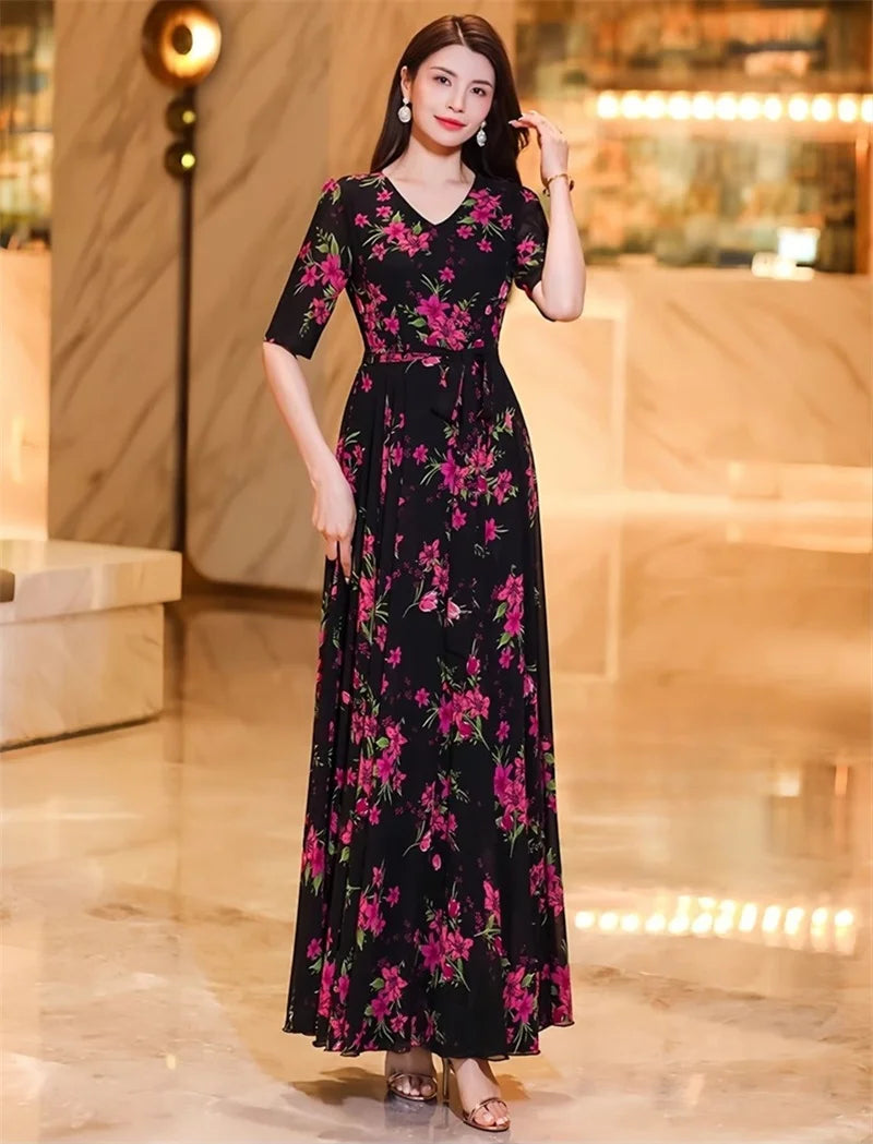 Womens Dresses Fashion Summer Dresses 2024 Summer Senior red Print Dress Long Loose Temperament Waist Loose Big Swing Dress