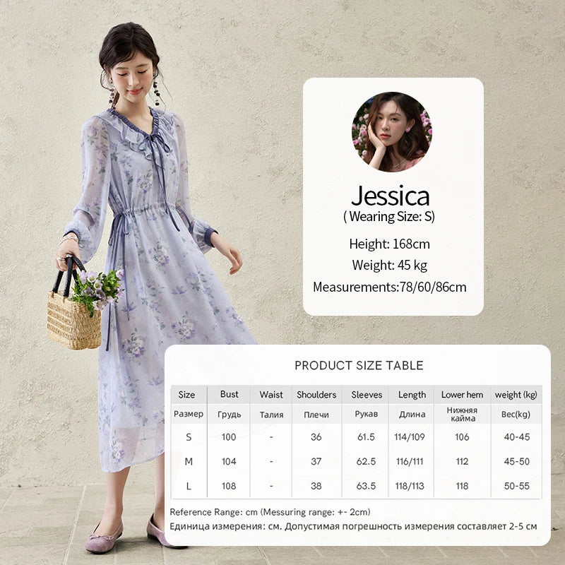 MISHOW Print Spring Summer Dress for Women New 2025 Ruffled V-neck Long Sleeve Blue French Dresses Female Fashion MXE15L2139