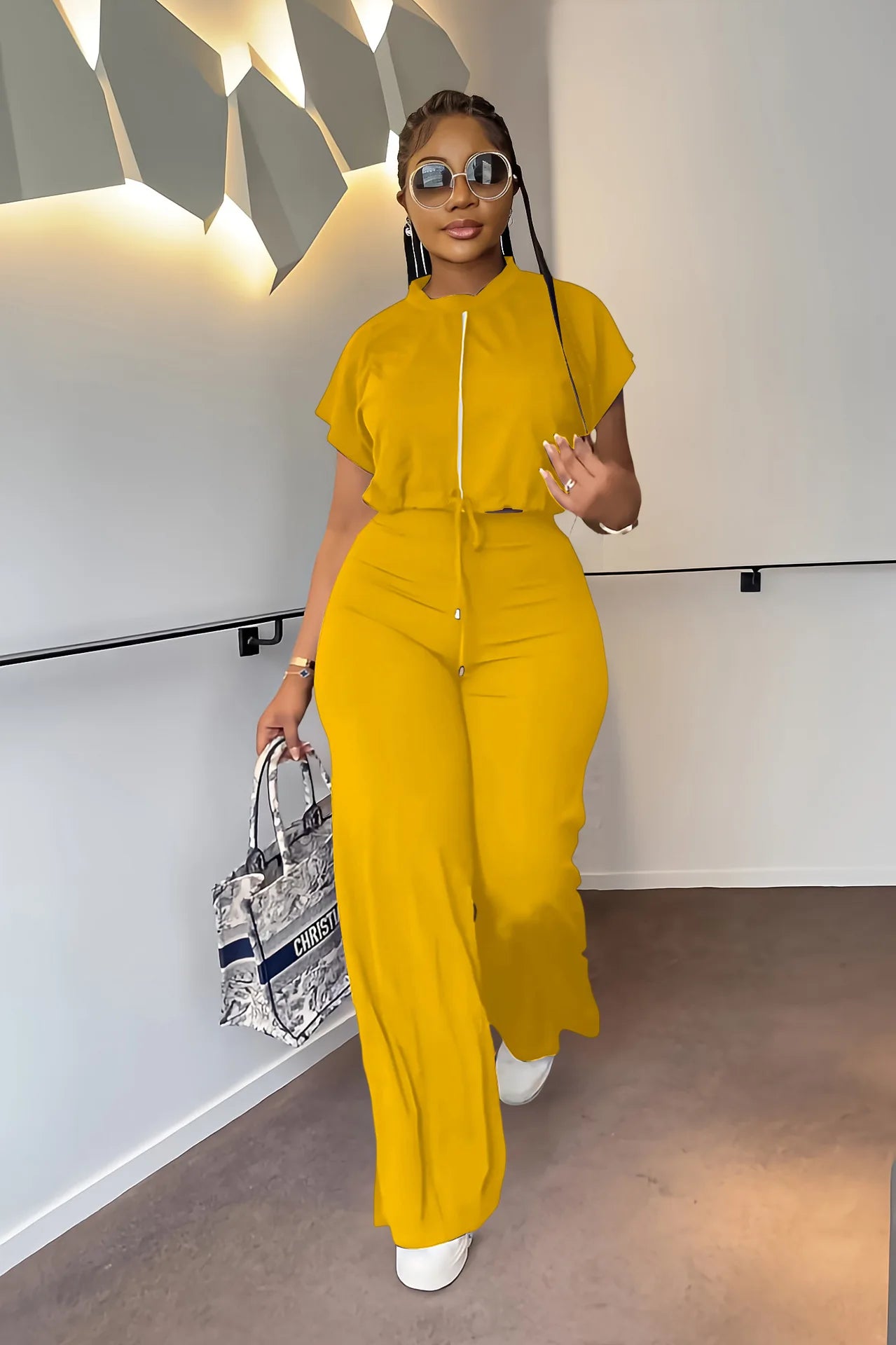 Women Casual Round Neck Drawstring Short Sleeve Top & High Waist Pants Set Summer Solid Two Piece Suit Sets Outfits Set Female