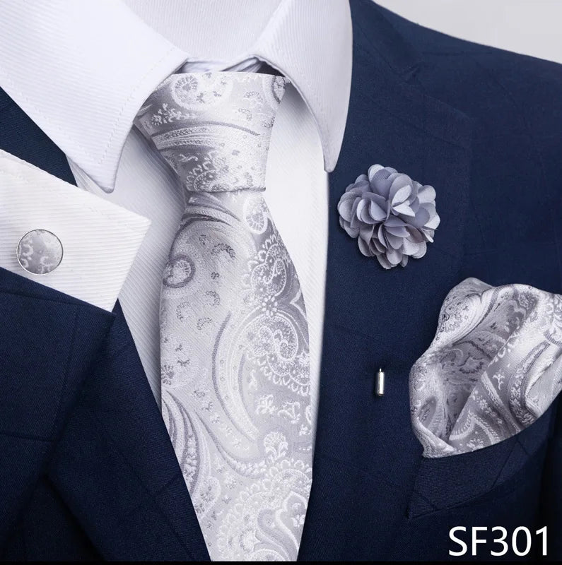 Luxury Mens Ties Floral Black Gold Ties Paisley NeckTie Pocket Square Cufflinks Brooch Set Men's Wedding Party Tie