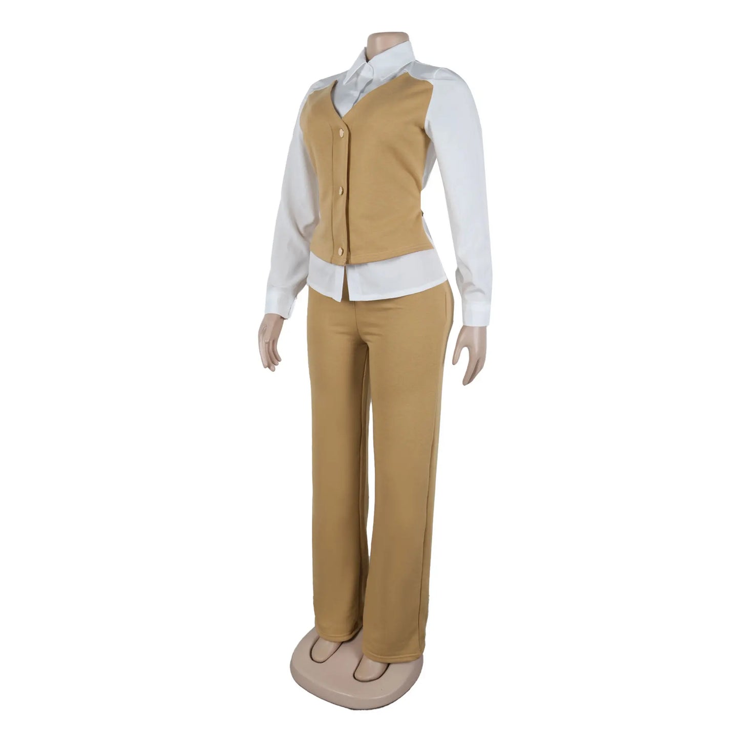 HLJ Elegant Lady Patchwork Shirts Two Piece Sets Women Lapel Long Sleeve Button Top And Pants Outfits Autumn OL 2pcs Clothing