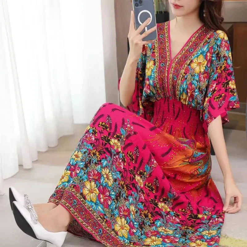 Spring New In Women's Dress V-Neck Short Sleeve Dress Elegant Sweet Print Dress Casual Retro Boho Elastic Waist A-Line Dress