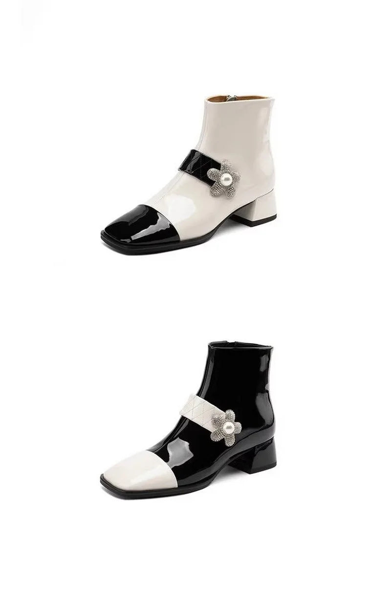 FHC Mixed Colors Ankle Boots,Women's Short Botas,Autumn/Winter Shoes Booties,Square Toe,Pearls,Side Zip,Black,White,Dropship