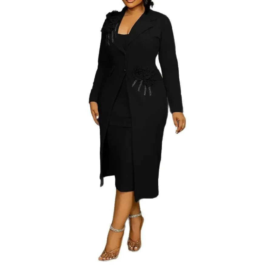 Elegant Elastic Slim Fit Floral Pearl Embellished Wrap around Suit Jacket with Inner Strap Two Piece Set Women's Fashion