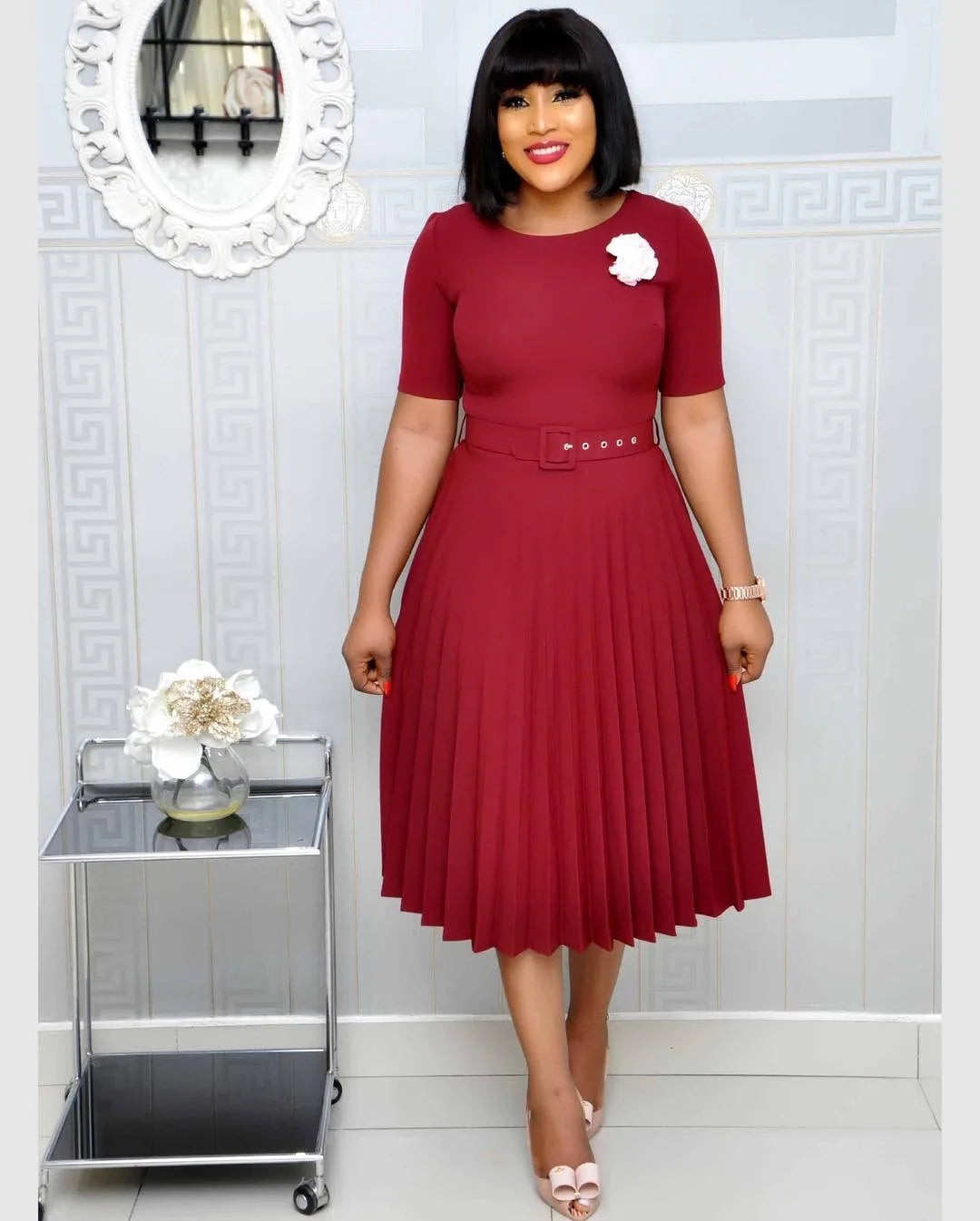 Summer Plus Size Pleated S-5Xl Dress Ladies O-Neck Short Sleeve Solid With Belt Mid-Calf Office Lady Elegant Dresses For Women