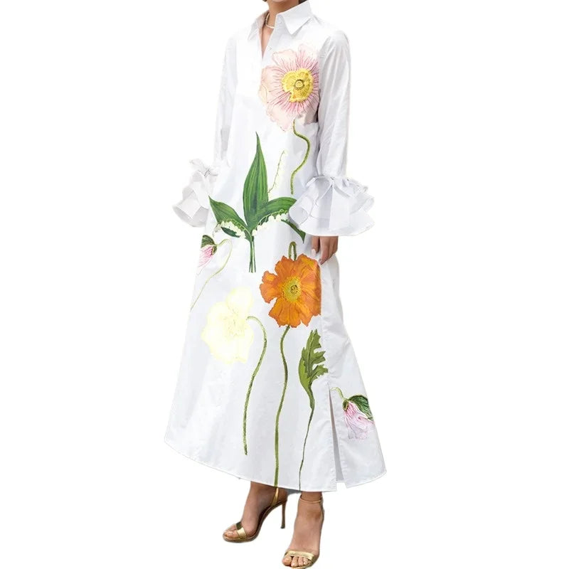Womens Flower Printed Shirts Dress Elengant 2025 Fall Summer Spring Party Prom Wedding White Dresses Clothing for Woman