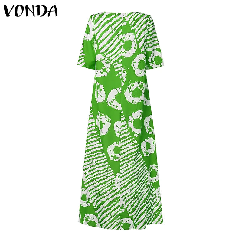 Plus Size VONDA Women Summer Party Maxi Dress Bohemian Printed Long Sundress Beach Vestidos 2025 Half Sleeve Casual Loose Robe