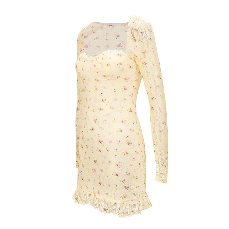 Spring Women Mini Dresses Sexy Lace Print See Through Dresses Fashion Long Sleeves Casual Slim Elegant Female Club Party Dress