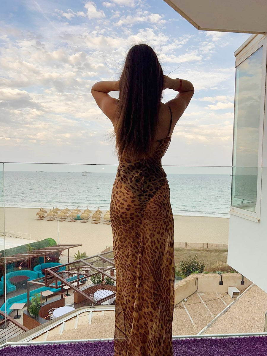 Women Split Long Dress Zebra Stripe/Leopard Print Drape Front Summer Backless Party Dress for Cocktail Beach Streetwear